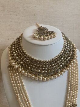 Indian Antique Gold Plated Pearl Mala Set, 7 of 9