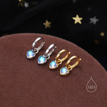 Moonstone Heart Dangle Huggie Hoop Earrings, 2 of 10