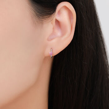 Sterling Silver Ruby Pink Cz Flower Huggie Hoops, 7 of 12