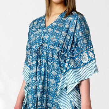 Blue Floral 100% Cotton Beach Kaftan, 5 of 7