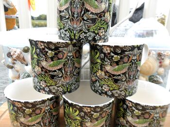Set Of Six Palace Mugs In William Morris Black Strawberry Thief Design, 4 of 10