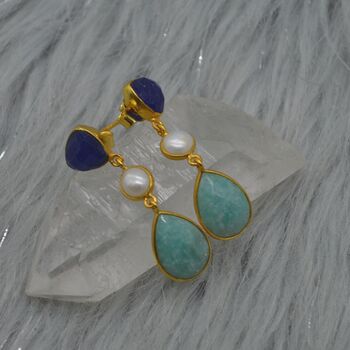 Blue Jade Pearl Amazonite Silver Earrings, 6 of 7