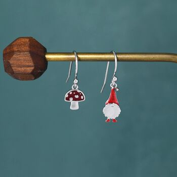 Mismatched Gnome And Mushroom Drop Hook Earrings In Sterling Silver With Hand Painted Enamel, 2 of 7