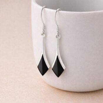 Sterling Silver Onyx Diamond Drop Earrings – 20mm X 9mm, 4 of 5