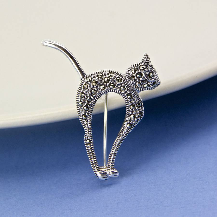Marcasite Sterling Silver Cat Brooch, 1 of 8