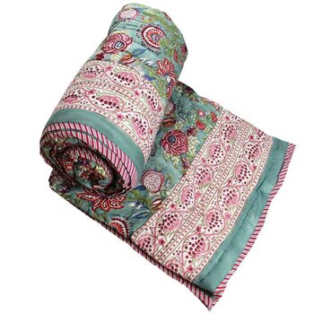 Turquoise, Pink And Burgundy Floral Indian Block Printed Cotton Bed Quilt, 5 of 9