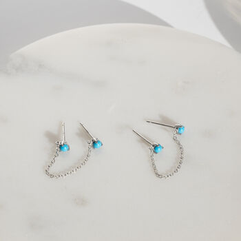 Sterling Silver Chain Double Turquoise Stud Earrings, 4 of 7