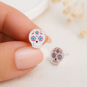 Sterling Silver Sugar Skull Stud Earrings – 10mm X 8mm, 2 of 6