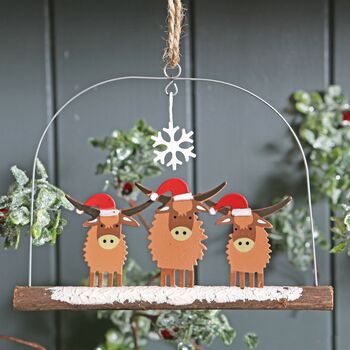 Trio Of Highland Cow Coo's With Baubles, 2 of 3