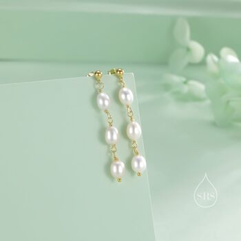 Sterling Silver Genuine Freshwater Pearl Trio Drop Earrings, 4 of 11
