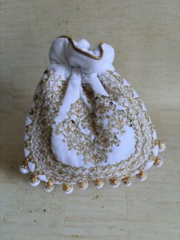 White Velvet Handcrafted Luxury Potli/Wrist Bag, 5 of 7