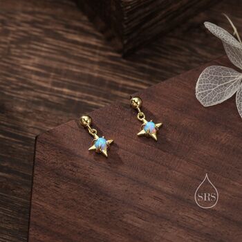 Tiny Blue Opal Star Dangle Stud Earrings, 3 of 12