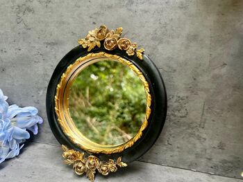 16cm Round Wall Mirror Black Frame With Gold Flower Detail, 5 of 9