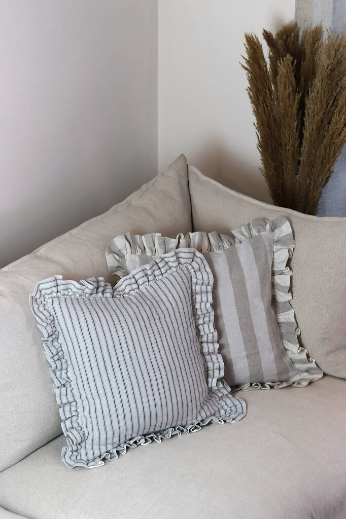 Ticking Stripe French Linen Frill Ruffle Cushion By Sun And Day