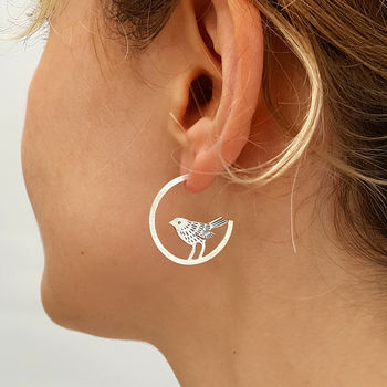 Mismatched Silver Hoop Studs With Bird And Leaves, 3 of 5