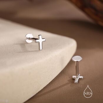 Tiny Cross Internally Threaded Flat Back Earrings In Sterling Silver, 4 of 9