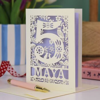Personalised 5th Birthday Card Papercut Woodland Design, 6 of 7
