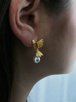 Golden Dove Pearl Earrings 16k Gold Plated Studs With Real Freshwater Pearls, Symbol Of Love And Peace, Wedding Gift For Her, 2 of 9