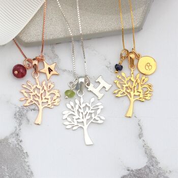 Tree Of Life Necklace Pesonalised With Her Initial And Birthstone Charms, 10 of 11