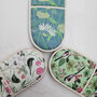 Pale Green Double Oven Gloves With Fruits And Birds, thumbnail 7 of 7