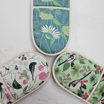Pale Green Double Oven Gloves With Fruits And Birds, 7 of 7