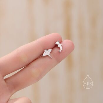 Sterling Silver Mismatched Kawaii Hammerhead Shark And Manta Ray Screwback Earrings, 8 of 12