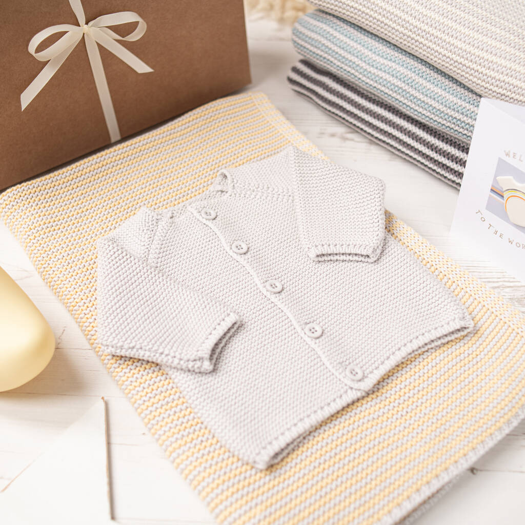 Image of Baby Cosy Cardigan And Yellow Mini Stripe Blanket Set