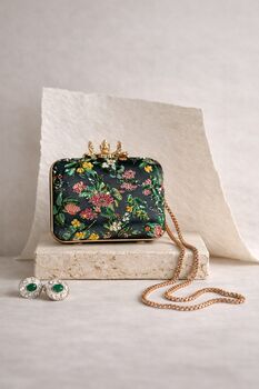Seville | Printed Silk Embellished Dark Green Clutch, 3 of 5