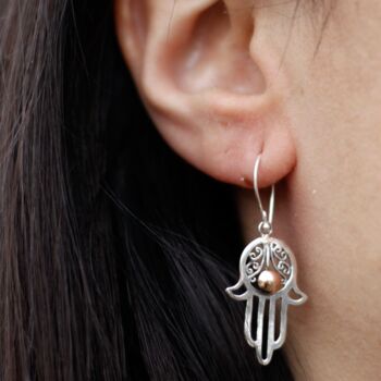 Hamsa Earrings 925 Sterling Silver And 18ct Gold, 3 of 4
