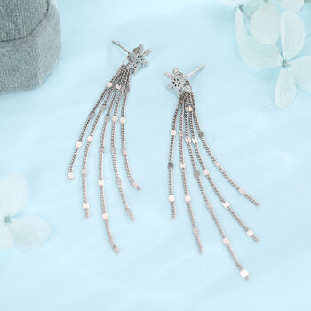 Snowflake Dangle Drop Stud Earrings In Sterling Silver With Sparkle Tassels, 5 of 10