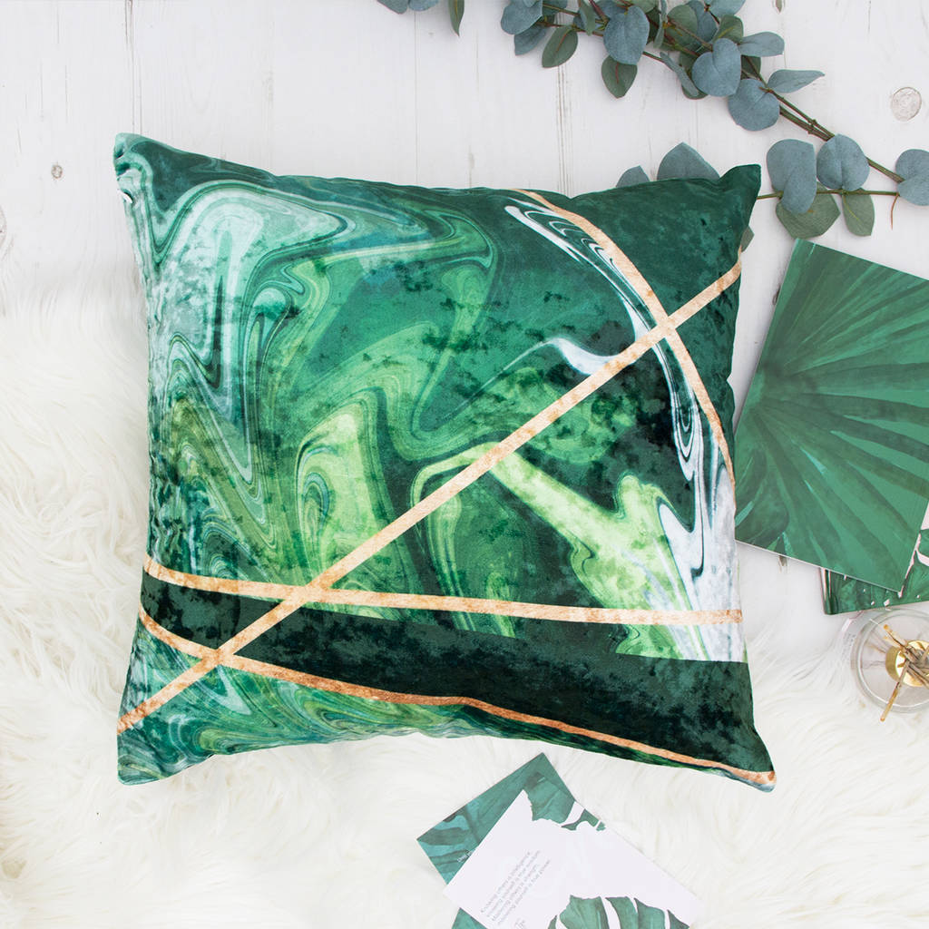 Luxury Velvet Cushion In Emerald Green And Gold By Elley Home