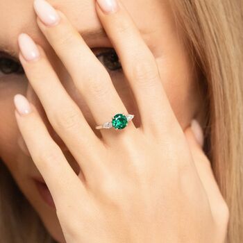 Emerald Round Cut Three Stone Engagement Ring In Sterling Silver And Gold, 2 of 12