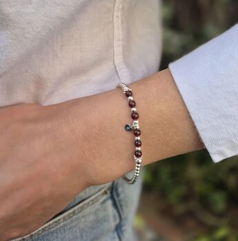 Sterling Silver January Garnet Beaded Bracelet: January Birthstone, Personalised Heart Charm, 2 of 8
