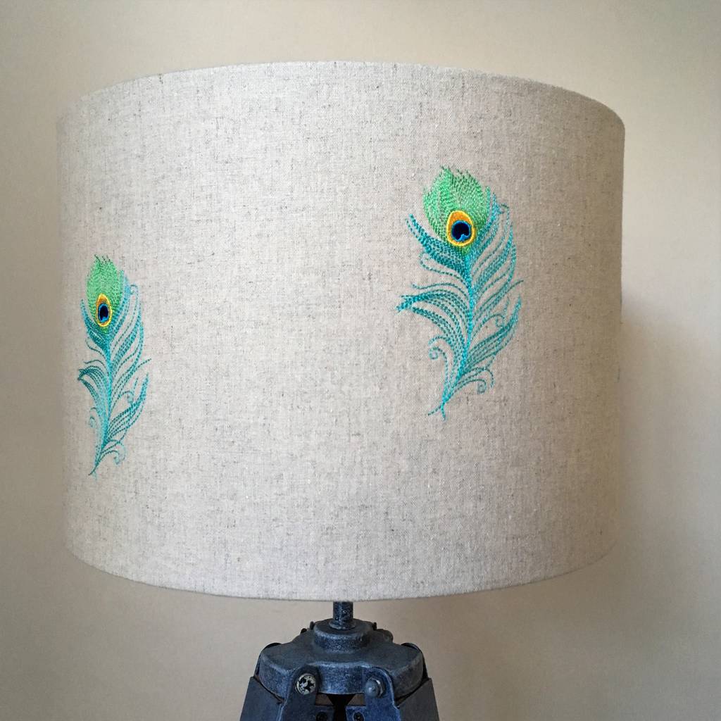 Peacock Feather Embroidered Linen Lampshade By Elm Tree Studio