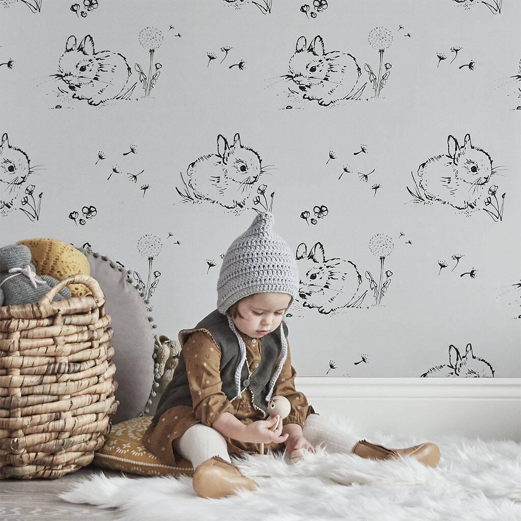 Little Bunny Wallpaper In Soft Grey Sample, 1 of 3