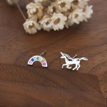 Mismatched Unicorn And Rainbow Stud Earrings In Sterling Silver, 4 of 12