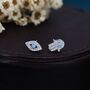 Mismatched Hamsa Hand And Evil Eye Cz Stud Earrings In Sterling Silver With Blue Opal, thumbnail 1 of 12