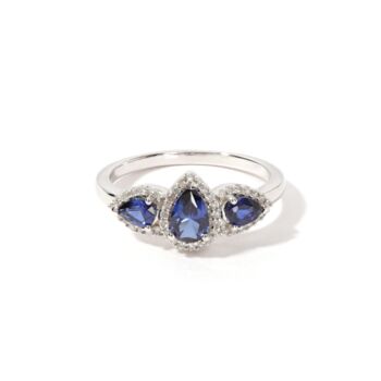 White Gold Blue Sapphire And Diamond Trilogy Pear Ring, 3 of 4