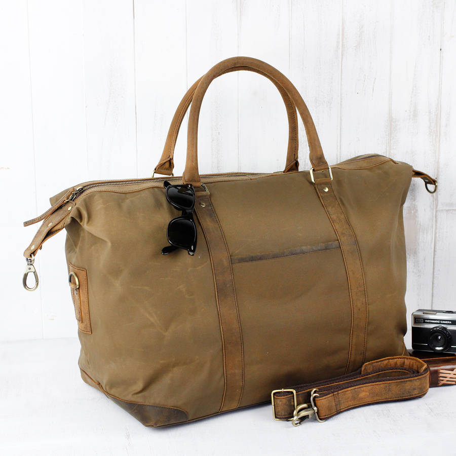 personalised canvas and leather holdall with tag by scaramanga ...