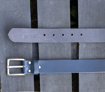 Handmade Mens Premium Leather Belt Blue 35mm Wide, 3 of 10