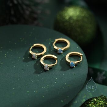 Sterling Silver Delicate Opal Huggie Hoop Earrings, 4 of 11