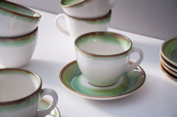 Green Set Of Six Handmade Porcelain Tea Cup With Saucer, 4 of 12