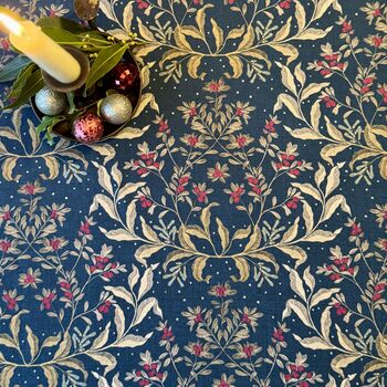 Luxury Heavy Linen Feel Tablecloth Christmas Ivy Navy And Gold, 5 of 7