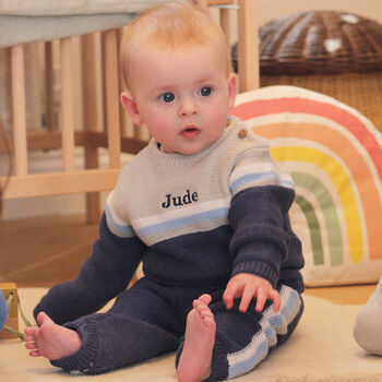 Personalised Blue Knitted Two Piece Baby Clothes, 6 of 12