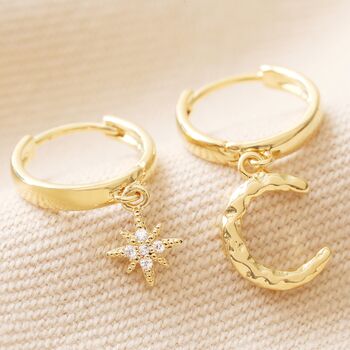 Crescent Moon And Star Huggie Hoops In Gold Plating, 2 of 8
