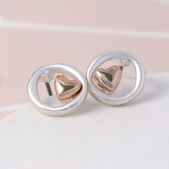 Silver Plated Circle And Rose Gold Heart Stud Earrings, 2 of 3