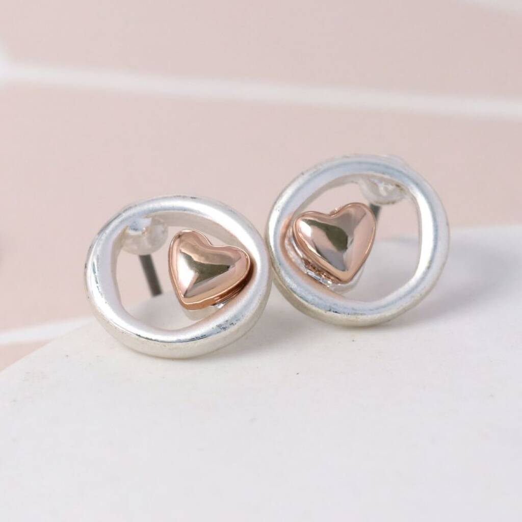 Silver Plated Circle And Rose Gold Heart Stud Earrings By Nest Gifts