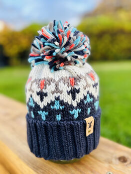 Patterned Beanie | Knitted Bobble Hat, 9 of 11