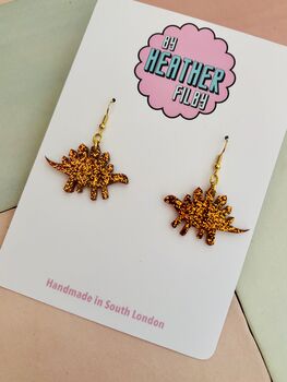 Orange Stegosaurus Dinosaur Glitter Resin Earrings / Jurassic Inspired Jewellery / Novelty Statement Accessories / Gift For Her, 2 of 5