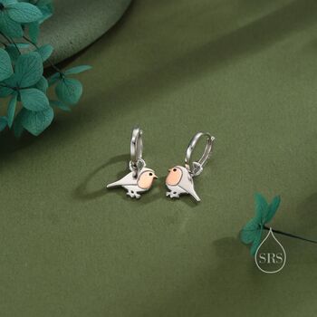 Robin Bird Dangle Huggie Hoops In Sterling Silver, 7 of 11